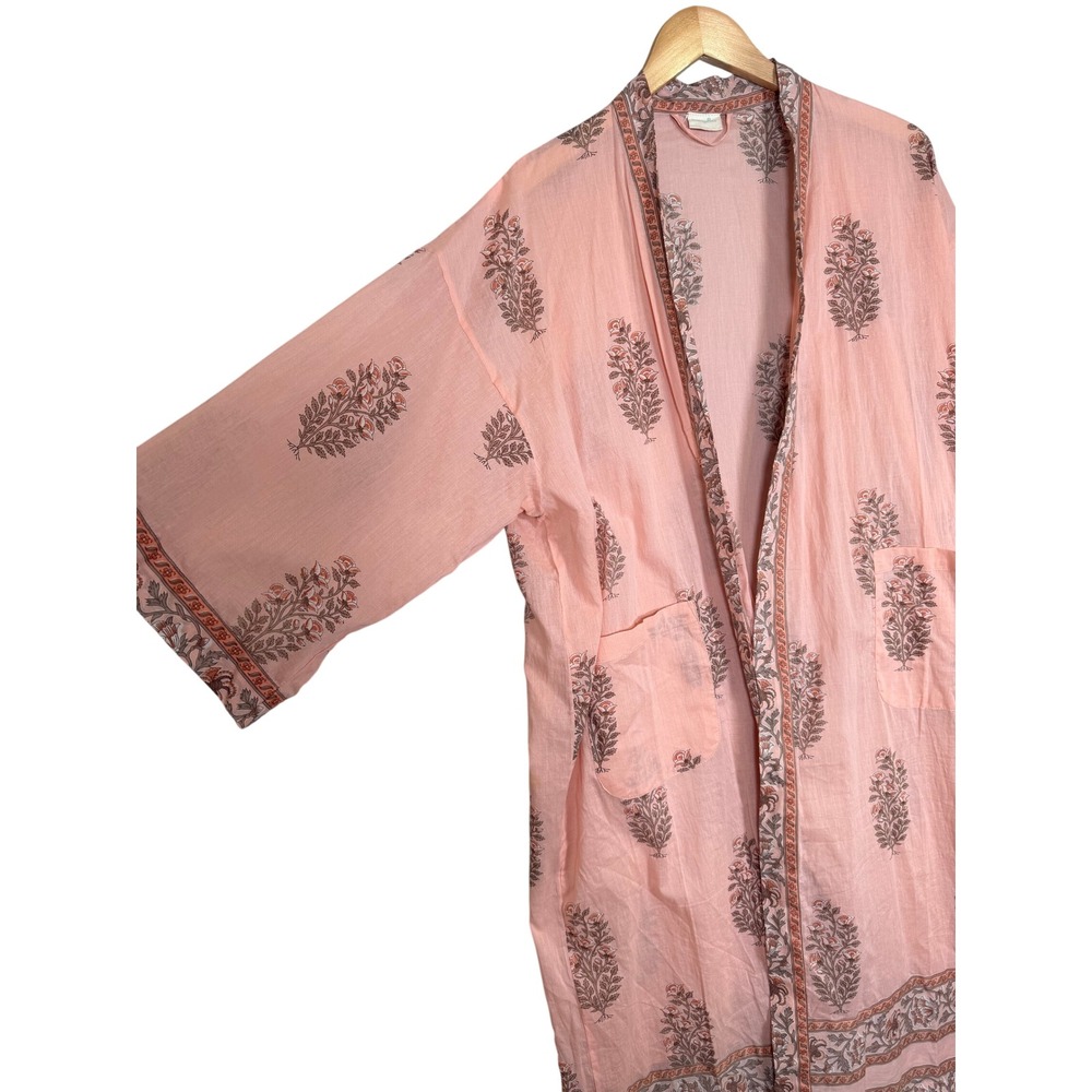 Handprint Robe One Size Peach Block Print Cotton Kimono Swim Cover Open Front